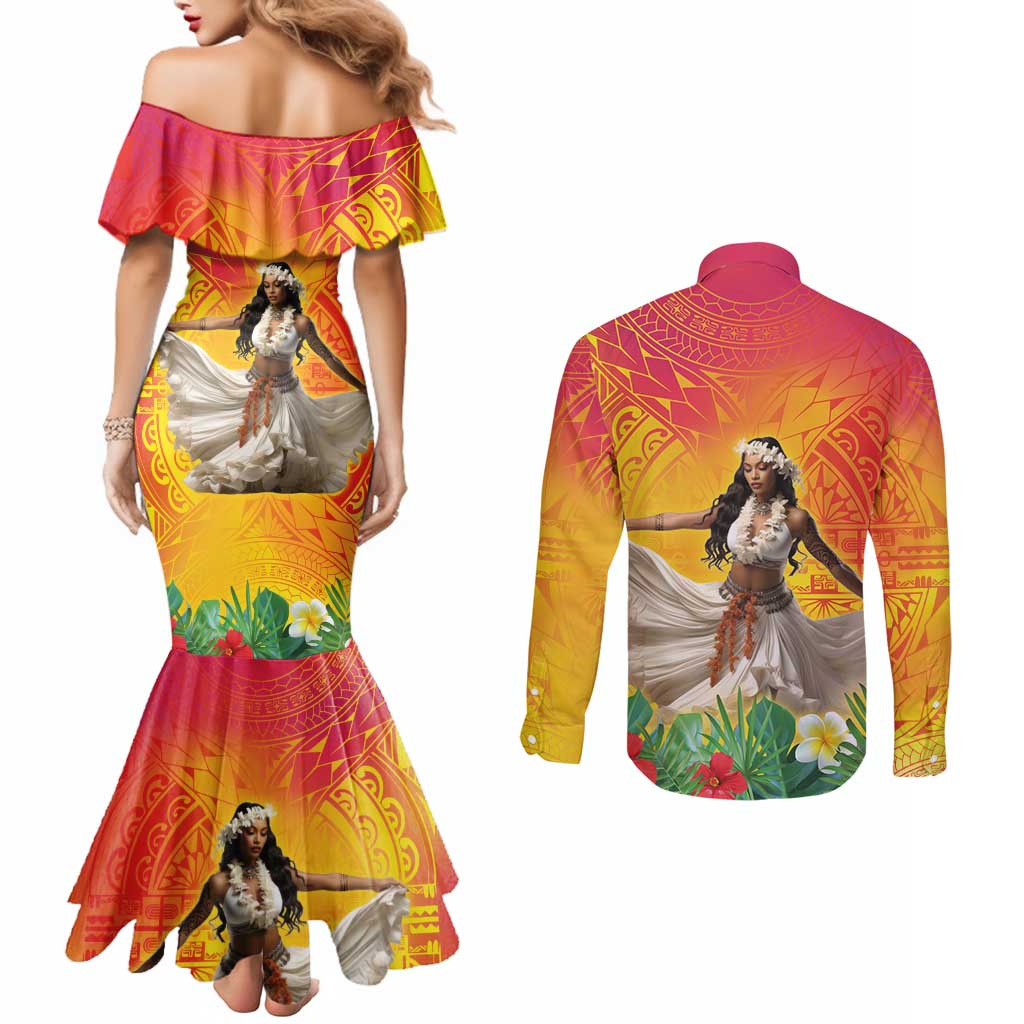 Woman Polynesian Tattoos Couples Matching Mermaid Dress and Long Sleeve Button Shirt Tropical Flower - Vibrant Hot Color LT03 - Polynesian Pride