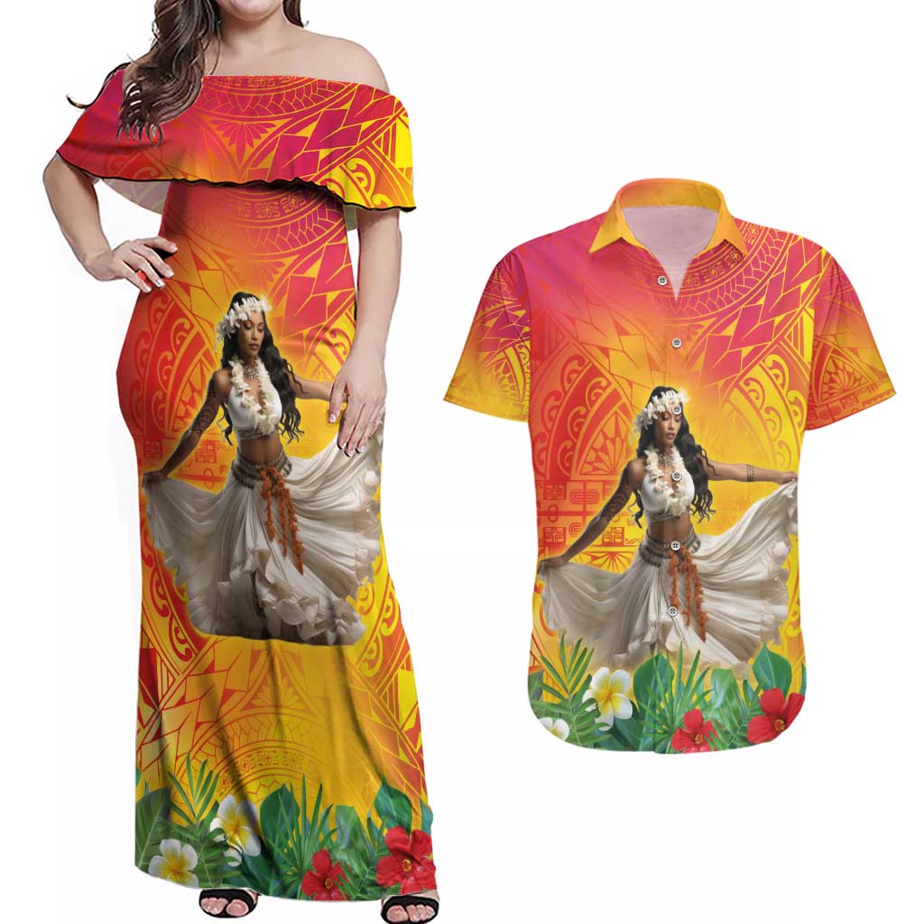 Woman Polynesian Tattoos Couples Matching Off Shoulder Maxi Dress and Hawaiian Shirt Tropical Flower - Vibrant Hot Color LT03 Vibrant Gradient - Polynesian Pride