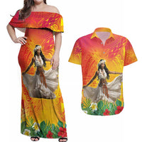 Woman Polynesian Tattoos Couples Matching Off Shoulder Maxi Dress and Hawaiian Shirt Tropical Flower - Vibrant Hot Color LT03 Vibrant Gradient - Polynesian Pride