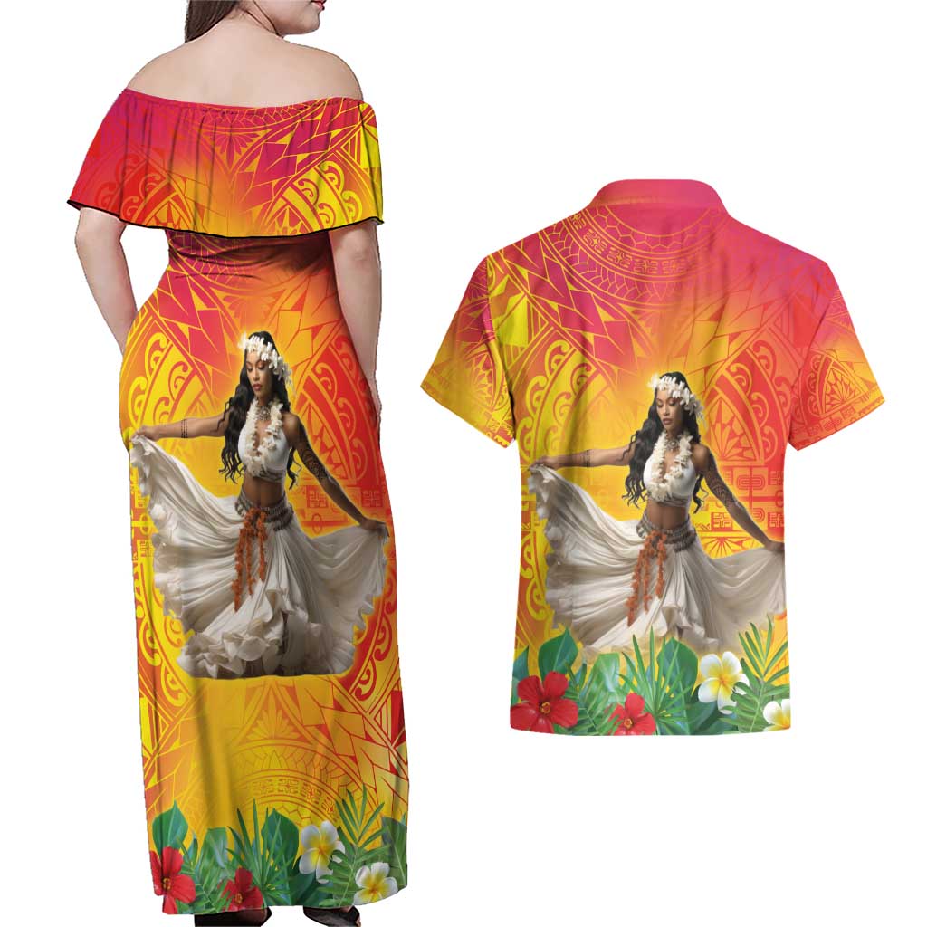 Woman Polynesian Tattoos Couples Matching Off Shoulder Maxi Dress and Hawaiian Shirt Tropical Flower - Vibrant Hot Color LT03 - Polynesian Pride