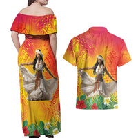 Woman Polynesian Tattoos Couples Matching Off Shoulder Maxi Dress and Hawaiian Shirt Tropical Flower - Vibrant Hot Color LT03 - Polynesian Pride