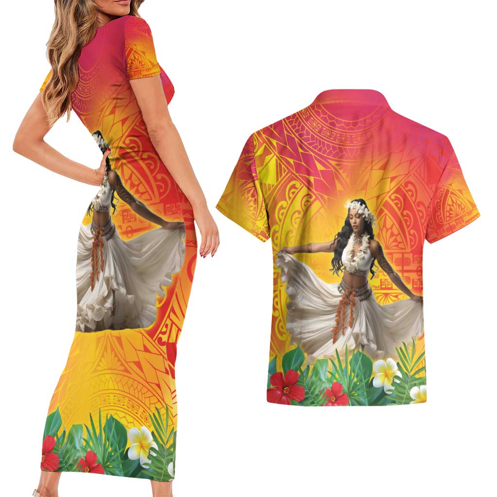 Woman Polynesian Tattoos Couples Matching Short Sleeve Bodycon Dress and Hawaiian Shirt Tropical Flower - Vibrant Hot Color LT03 - Polynesian Pride