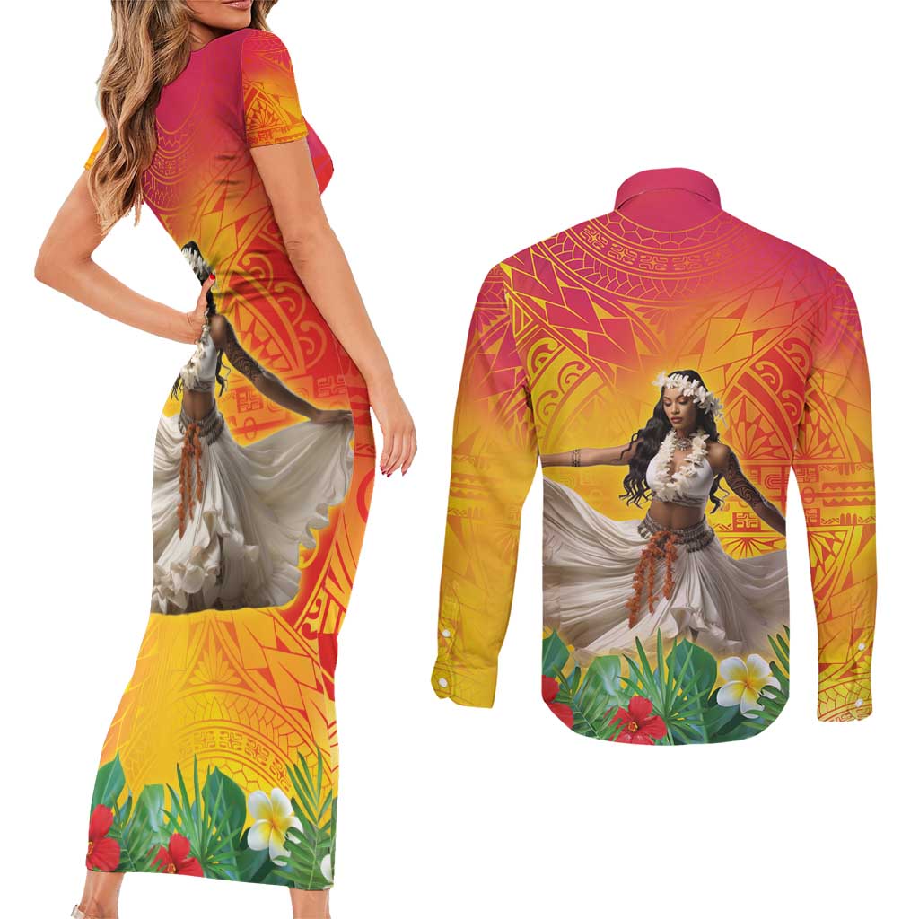 Woman Polynesian Tattoos Couples Matching Short Sleeve Bodycon Dress and Long Sleeve Button Shirt Tropical Flower - Vibrant Hot Color LT03 - Polynesian Pride
