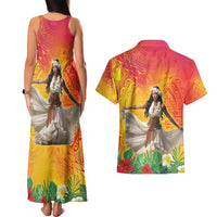 Woman Polynesian Tattoos Couples Matching Tank Maxi Dress and Hawaiian Shirt Tropical Flower - Vibrant Hot Color