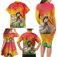Woman Polynesian Tattoos Family Matching Long Sleeve Bodycon Dress and Hawaiian Shirt Tropical Flower - Vibrant Hot Color LT03 - Polynesian Pride