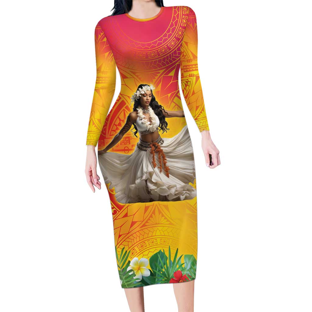 Woman Polynesian Tattoos Family Matching Long Sleeve Bodycon Dress and Hawaiian Shirt Tropical Flower - Vibrant Hot Color LT03 Mom's Dress Vibrant Gradient - Polynesian Pride