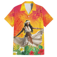 Woman Polynesian Tattoos Family Matching Off The Shoulder Long Sleeve Dress and Hawaiian Shirt Tropical Flower - Vibrant Hot Color LT03 Dad's Shirt - Short Sleeve Vibrant Gradient - Polynesian Pride