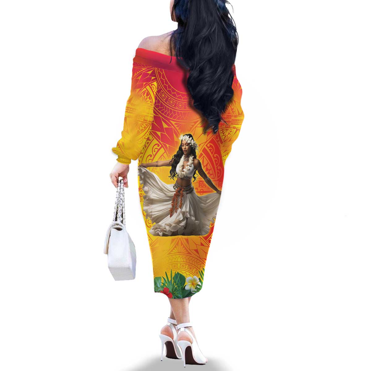 Woman Polynesian Tattoos Family Matching Off The Shoulder Long Sleeve Dress and Hawaiian Shirt Tropical Flower - Vibrant Hot Color LT03 - Polynesian Pride