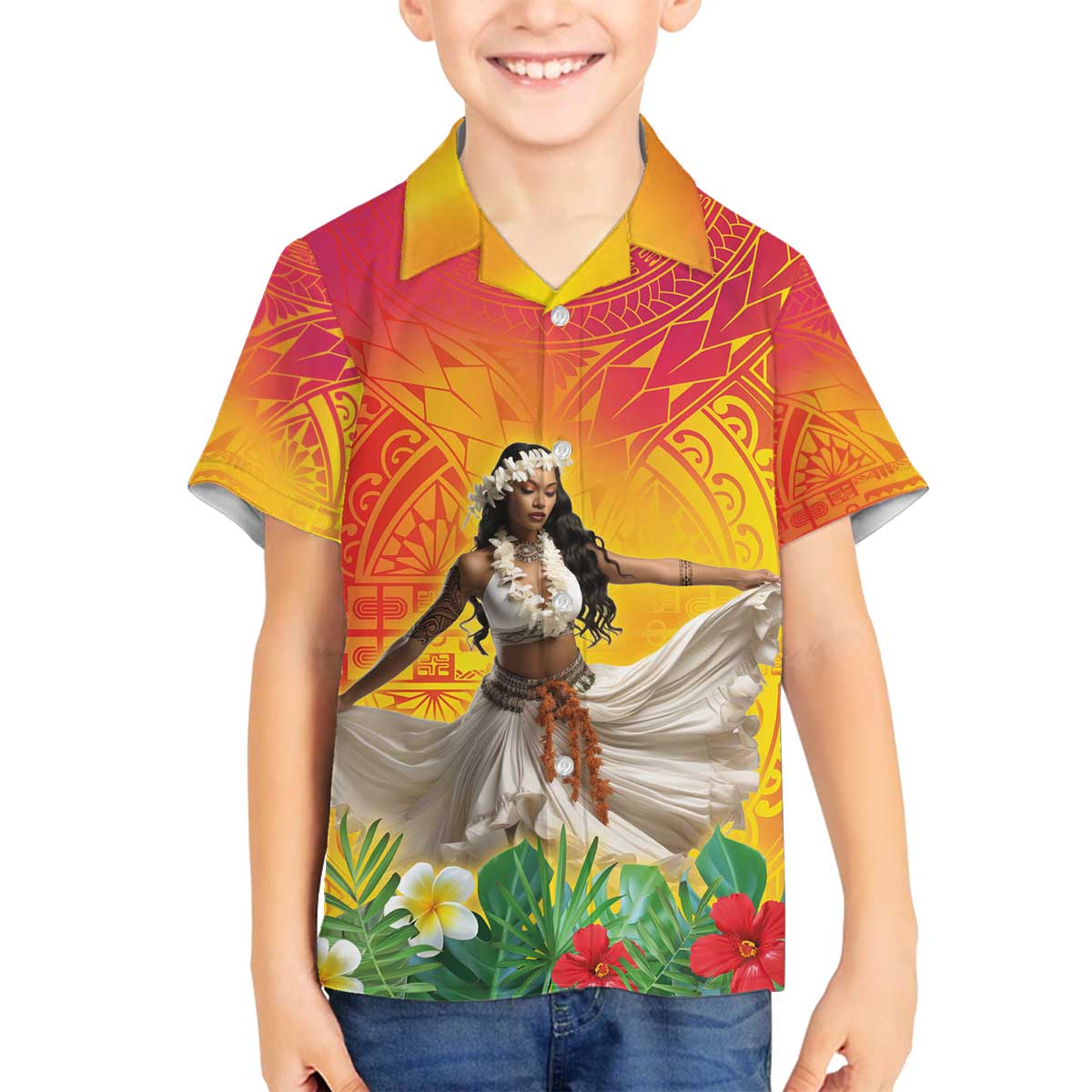 Woman Polynesian Tattoos Family Matching Off The Shoulder Long Sleeve Dress and Hawaiian Shirt Tropical Flower - Vibrant Hot Color LT03 Son's Shirt Vibrant Gradient - Polynesian Pride