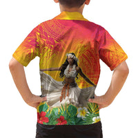 Woman Polynesian Tattoos Family Matching Off Shoulder Maxi Dress and Hawaiian Shirt Tropical Flower - Vibrant Hot Color LT03 - Polynesian Pride