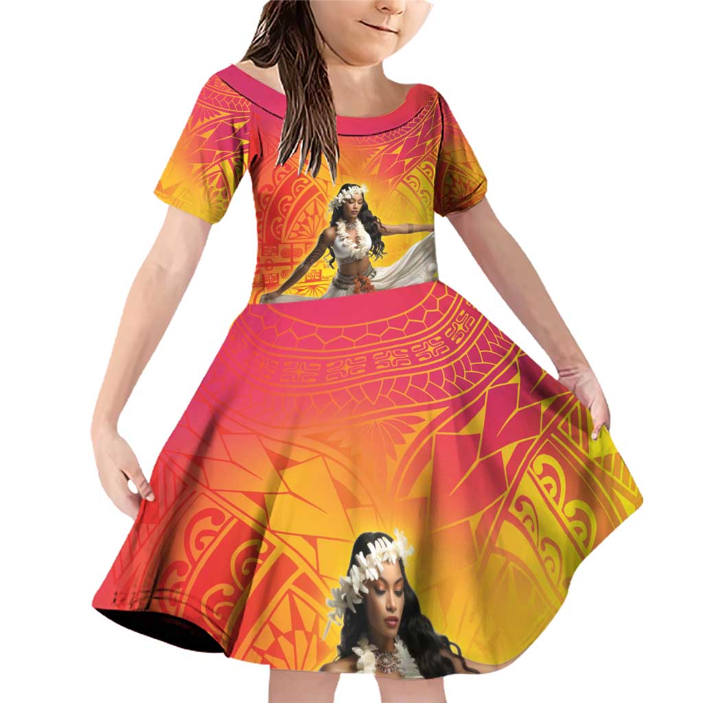 Woman Polynesian Tattoos Family Matching Off Shoulder Short Dress and Hawaiian Shirt Tropical Flower - Vibrant Hot Color LT03 Daughter's Dress Vibrant Gradient - Polynesian Pride
