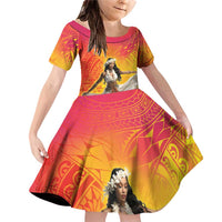 Woman Polynesian Tattoos Family Matching Off Shoulder Short Dress and Hawaiian Shirt Tropical Flower - Vibrant Hot Color LT03 Daughter's Dress Vibrant Gradient - Polynesian Pride