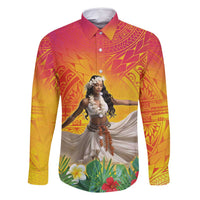 Woman Polynesian Tattoos Family Matching Off Shoulder Short Dress and Hawaiian Shirt Tropical Flower - Vibrant Hot Color LT03 Dad's Shirt - Long Sleeve Vibrant Gradient - Polynesian Pride