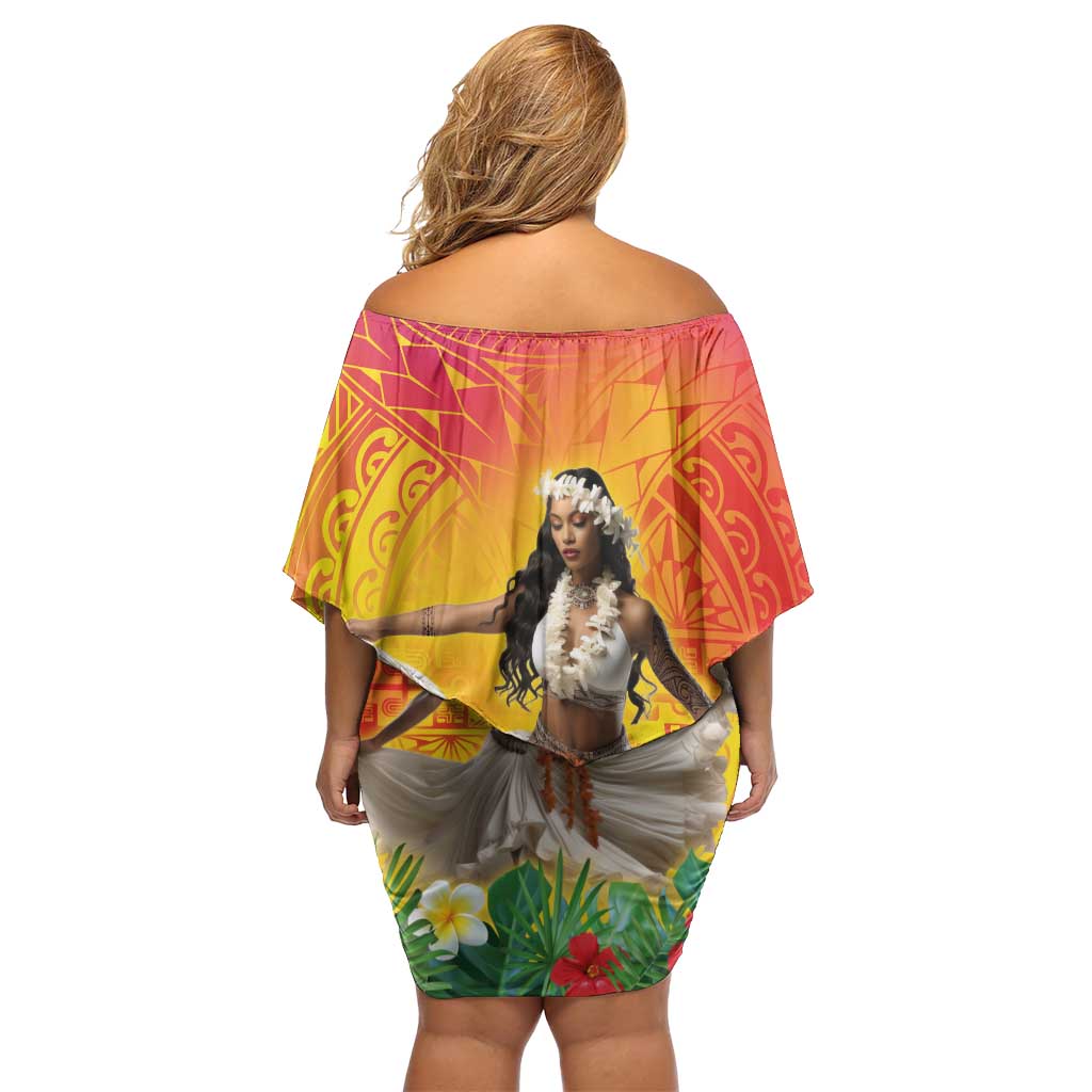 Woman Polynesian Tattoos Family Matching Off Shoulder Short Dress and Hawaiian Shirt Tropical Flower - Vibrant Hot Color LT03 - Polynesian Pride