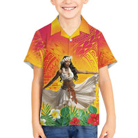 Woman Polynesian Tattoos Family Matching Off Shoulder Short Dress and Hawaiian Shirt Tropical Flower - Vibrant Hot Color LT03 Son's Shirt Vibrant Gradient - Polynesian Pride