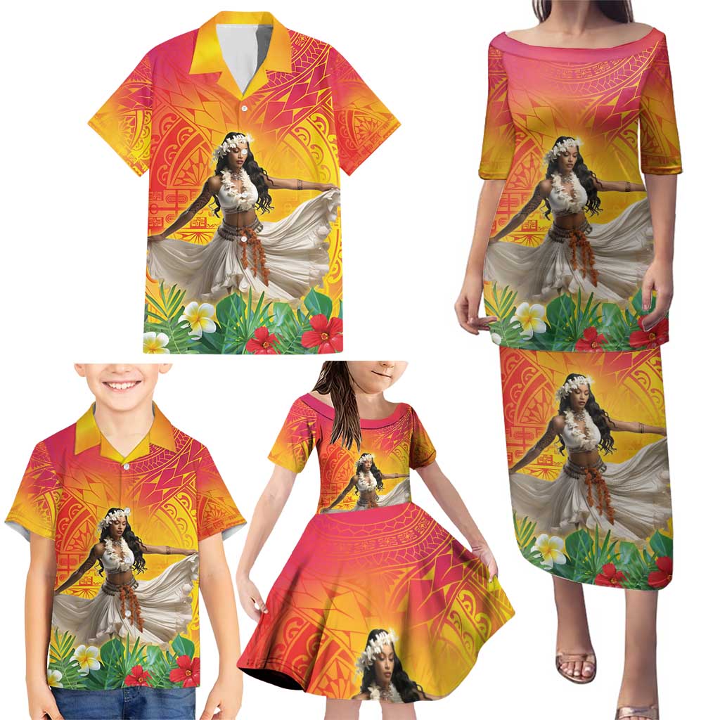 Woman Polynesian Tattoos Family Matching Puletasi and Hawaiian Shirt Tropical Flower - Vibrant Hot Color LT03 - Polynesian Pride