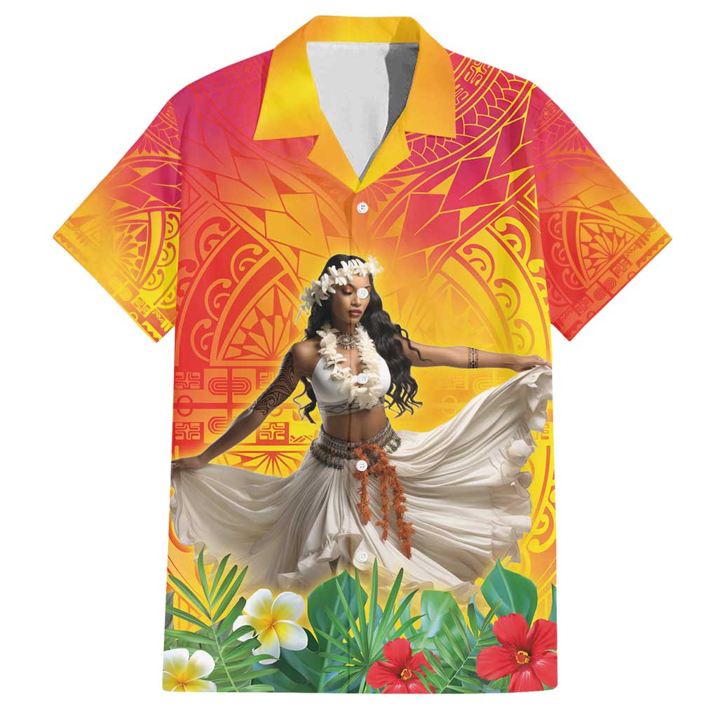 Woman Polynesian Tattoos Family Matching Puletasi and Hawaiian Shirt Tropical Flower - Vibrant Hot Color LT03 Dad's Shirt - Short Sleeve Vibrant Gradient - Polynesian Pride