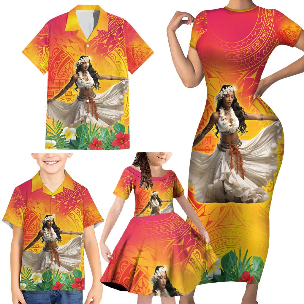 Woman Polynesian Tattoos Family Matching Short Sleeve Bodycon Dress and Hawaiian Shirt Tropical Flower - Vibrant Hot Color LT03 - Polynesian Pride