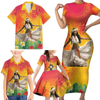 Woman Polynesian Tattoos Family Matching Short Sleeve Bodycon Dress and Hawaiian Shirt Tropical Flower - Vibrant Hot Color LT03 - Polynesian Pride