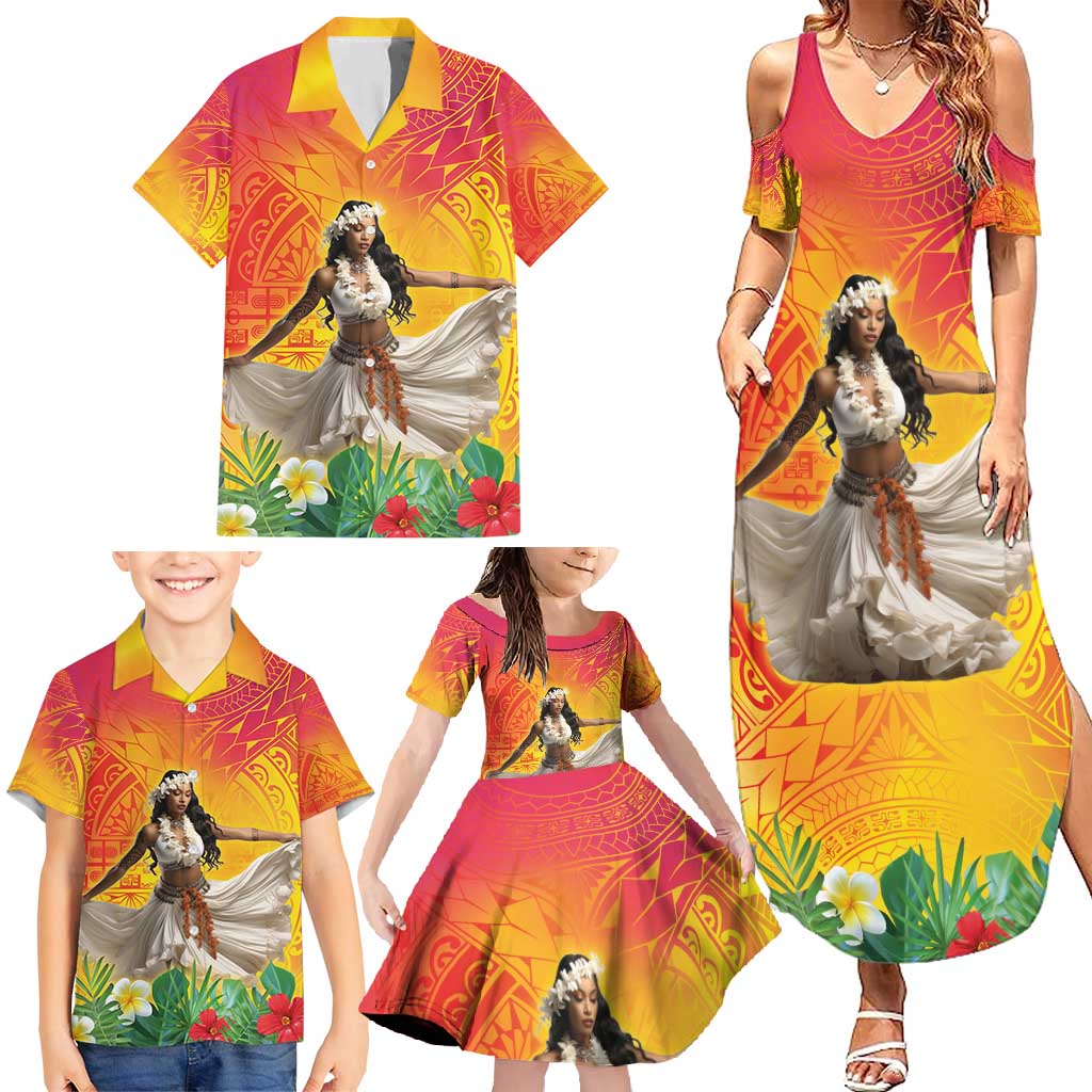 Woman Polynesian Tattoos Family Matching Summer Maxi Dress and Hawaiian Shirt Tropical Flower - Vibrant Hot Color LT03 - Polynesian Pride