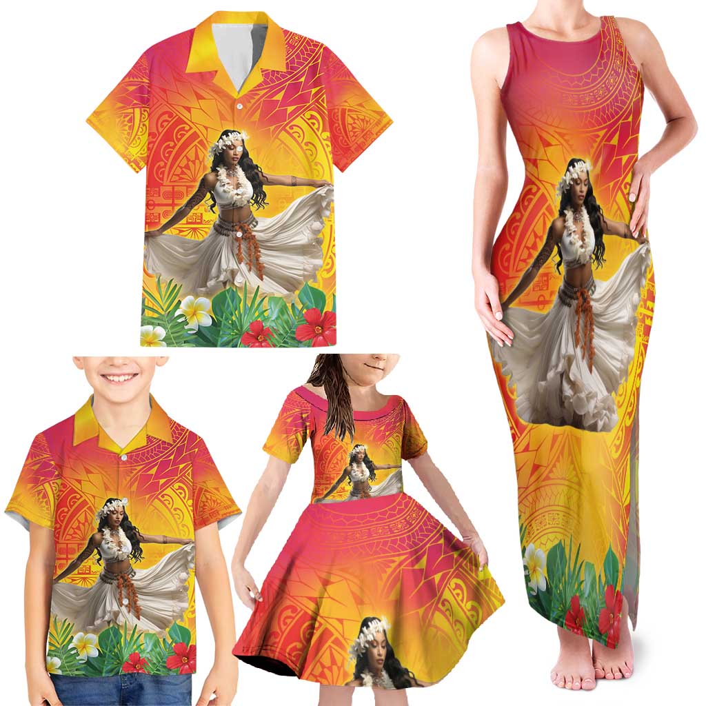 Woman Polynesian Tattoos Family Matching Tank Maxi Dress and Hawaiian Shirt Tropical Flower - Vibrant Hot Color LT03 - Polynesian Pride