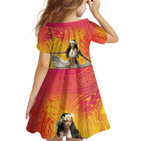 Woman Polynesian Tattoos Kid Short Sleeve Dress Tropical Flower - Vibrant Hot Color