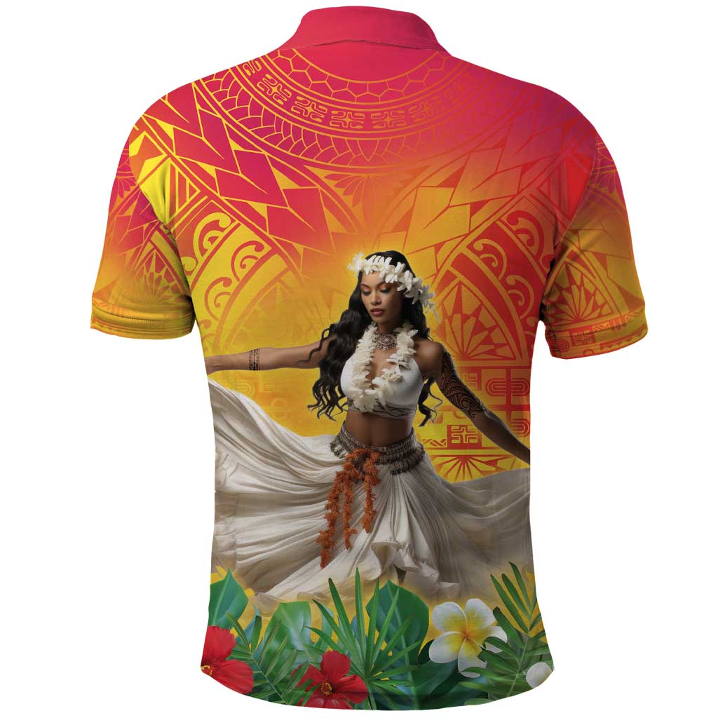 Woman Polynesian Tattoos Polo Shirt Tropical Flower - Vibrant Hot Color