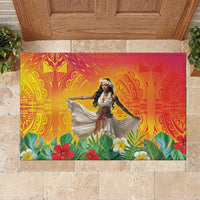 Woman Polynesian Tattoos Rubber Doormat Tropical Flower - Vibrant Hot Color