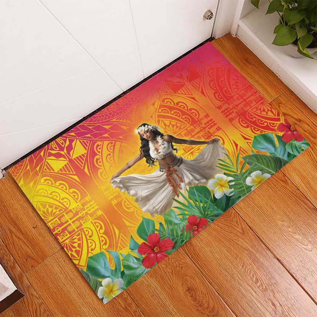 Woman Polynesian Tattoos Rubber Doormat Tropical Flower - Vibrant Hot Color