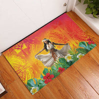 Woman Polynesian Tattoos Rubber Doormat Tropical Flower - Vibrant Hot Color