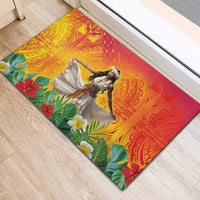 Woman Polynesian Tattoos Rubber Doormat Tropical Flower - Vibrant Hot Color
