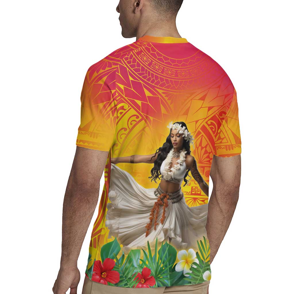 Woman Polynesian Tattoos Rugby Jersey Tropical Flower - Vibrant Hot Color