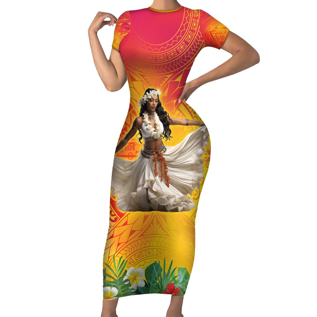 Woman Polynesian Tattoos Short Sleeve Bodycon Dress Tropical Flower - Vibrant Hot Color LT03 Long Dress Vibrant Gradient - Polynesian Pride