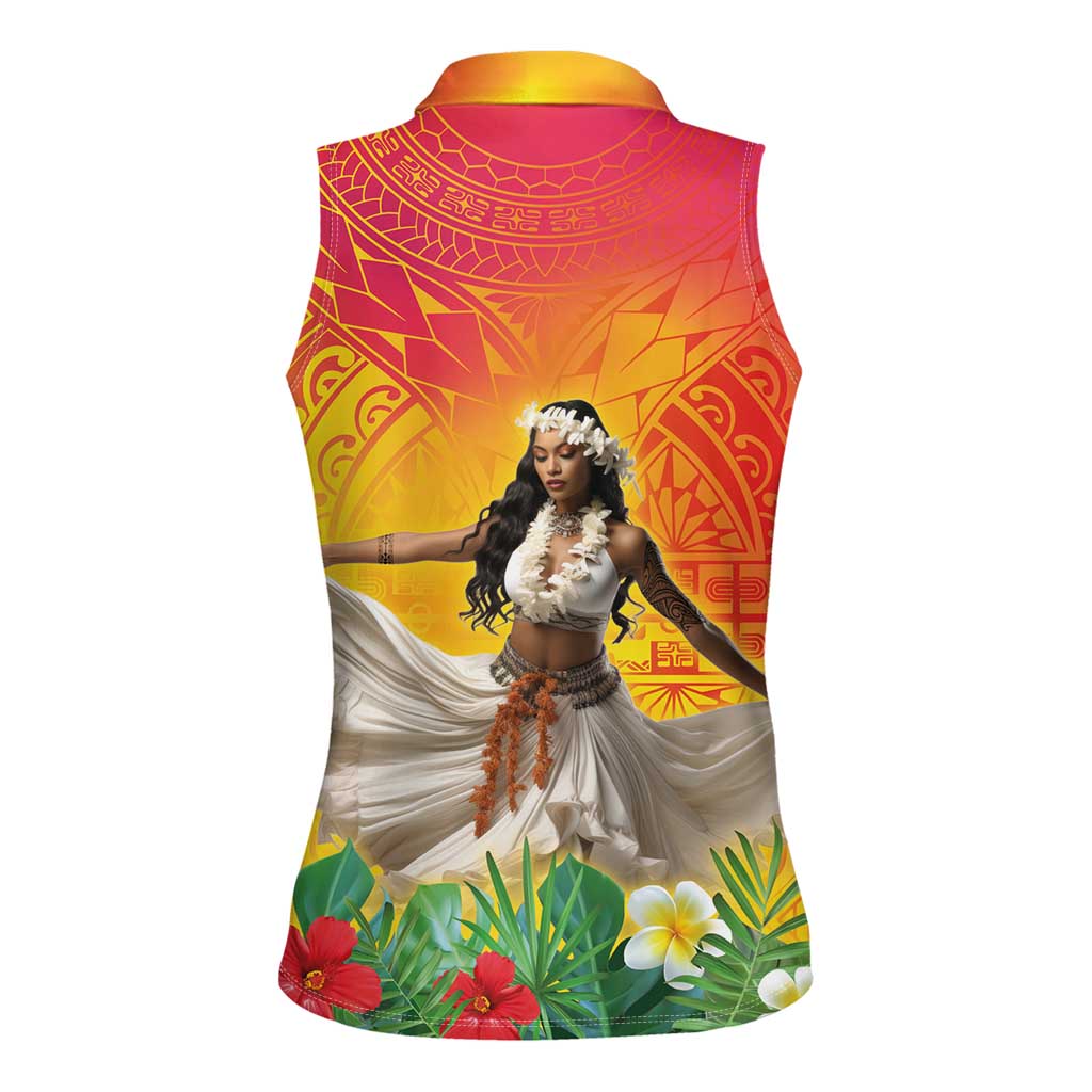 Woman Polynesian Tattoos Women Sleeveless Polo Shirt Tropical Flower - Vibrant Hot Color