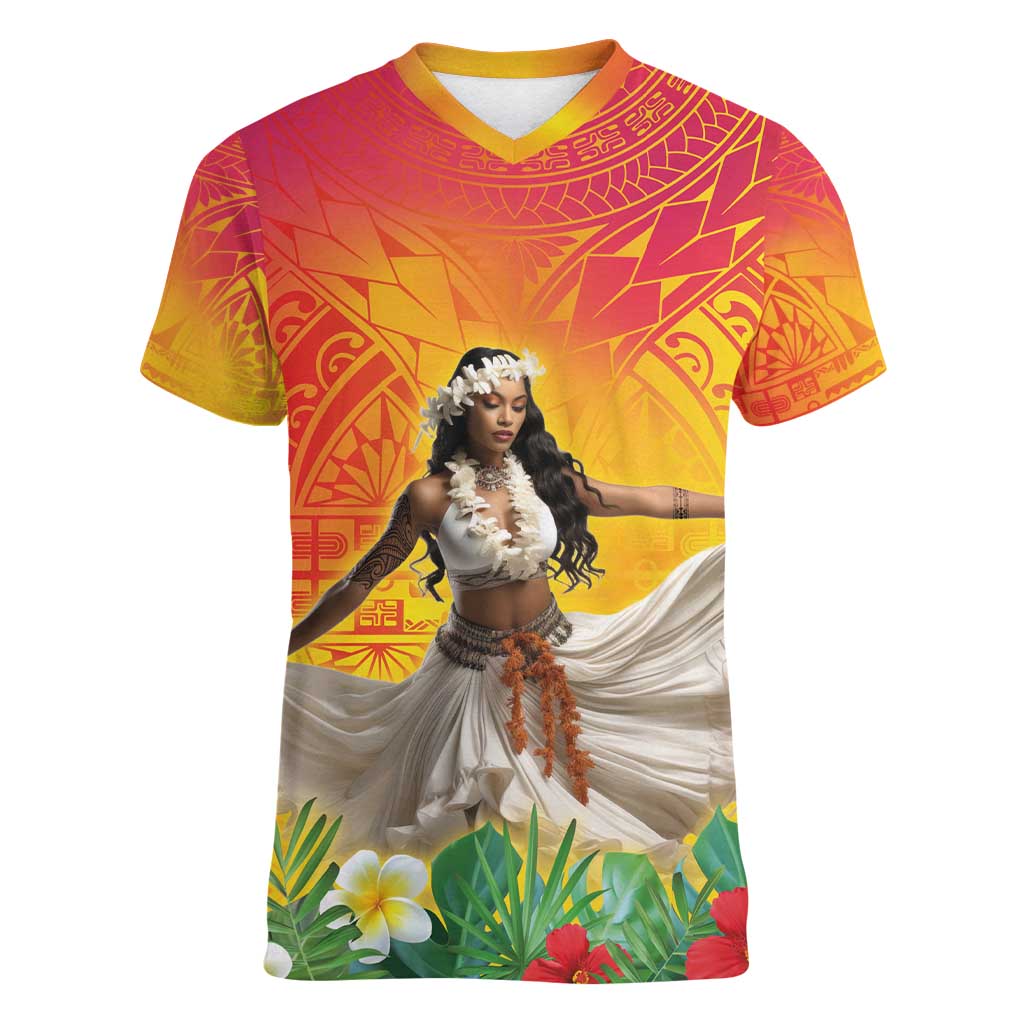 Woman Polynesian Tattoos Women V-Neck T-Shirt Tropical Flower - Vibrant Hot Color