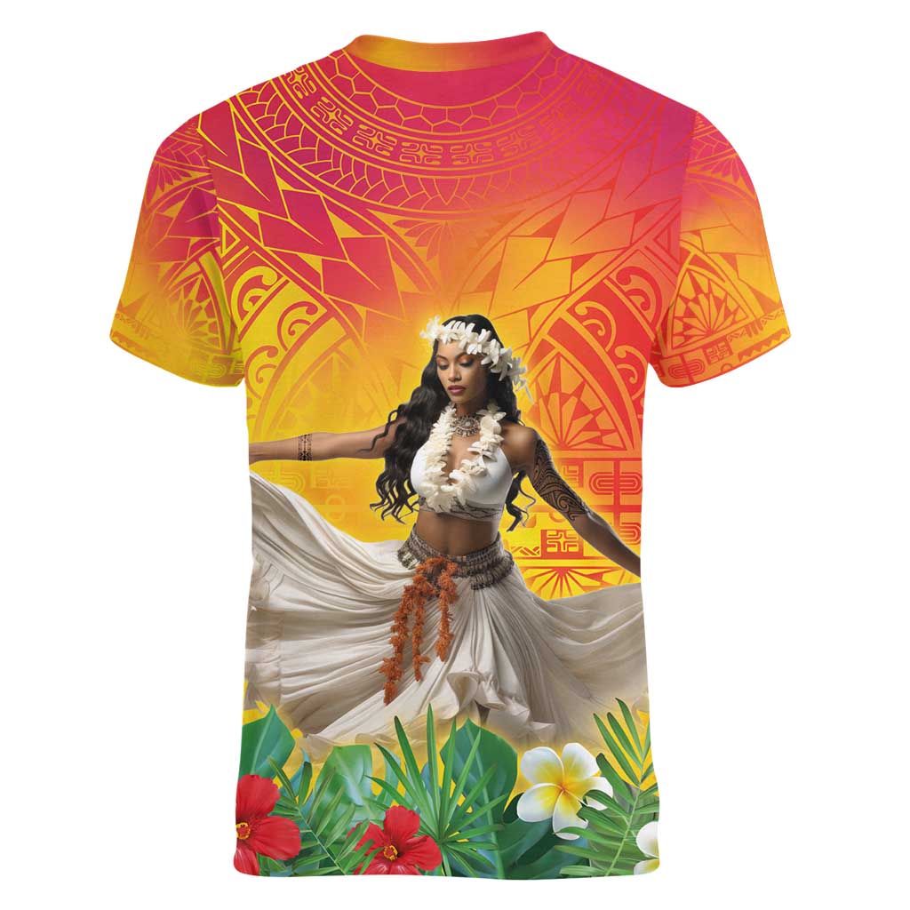 Woman Polynesian Tattoos Women V-Neck T-Shirt Tropical Flower - Vibrant Hot Color