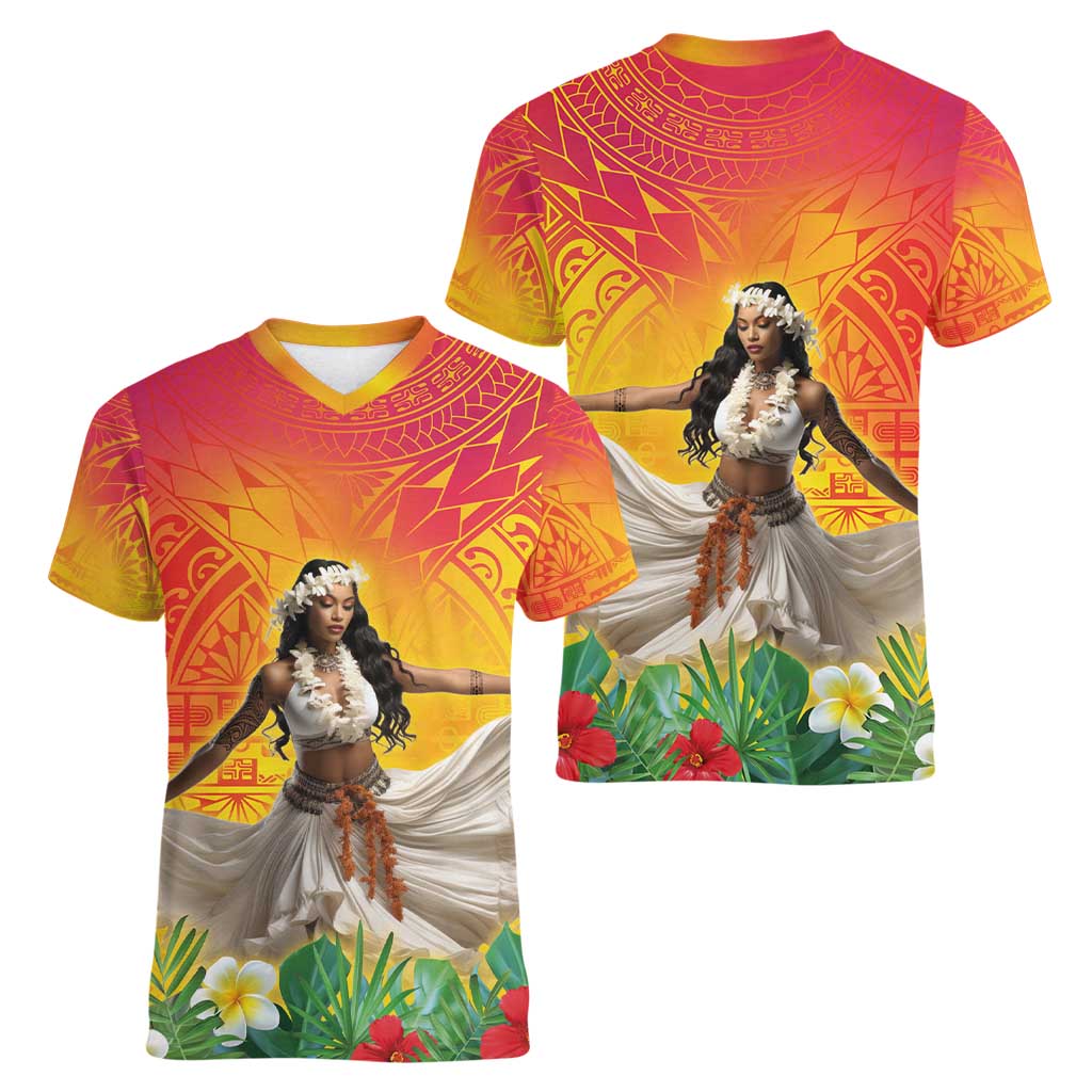 Woman Polynesian Tattoos Women V-Neck T-Shirt Tropical Flower - Vibrant Hot Color