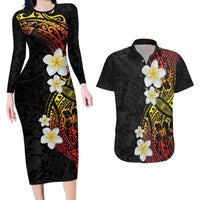 Plumeria Couples Matching Long Sleeve Bodycon Dress and Hawaiian Shirt Polynesian Tribal Frangipani Sunset LT03 Black - Polynesian Pride