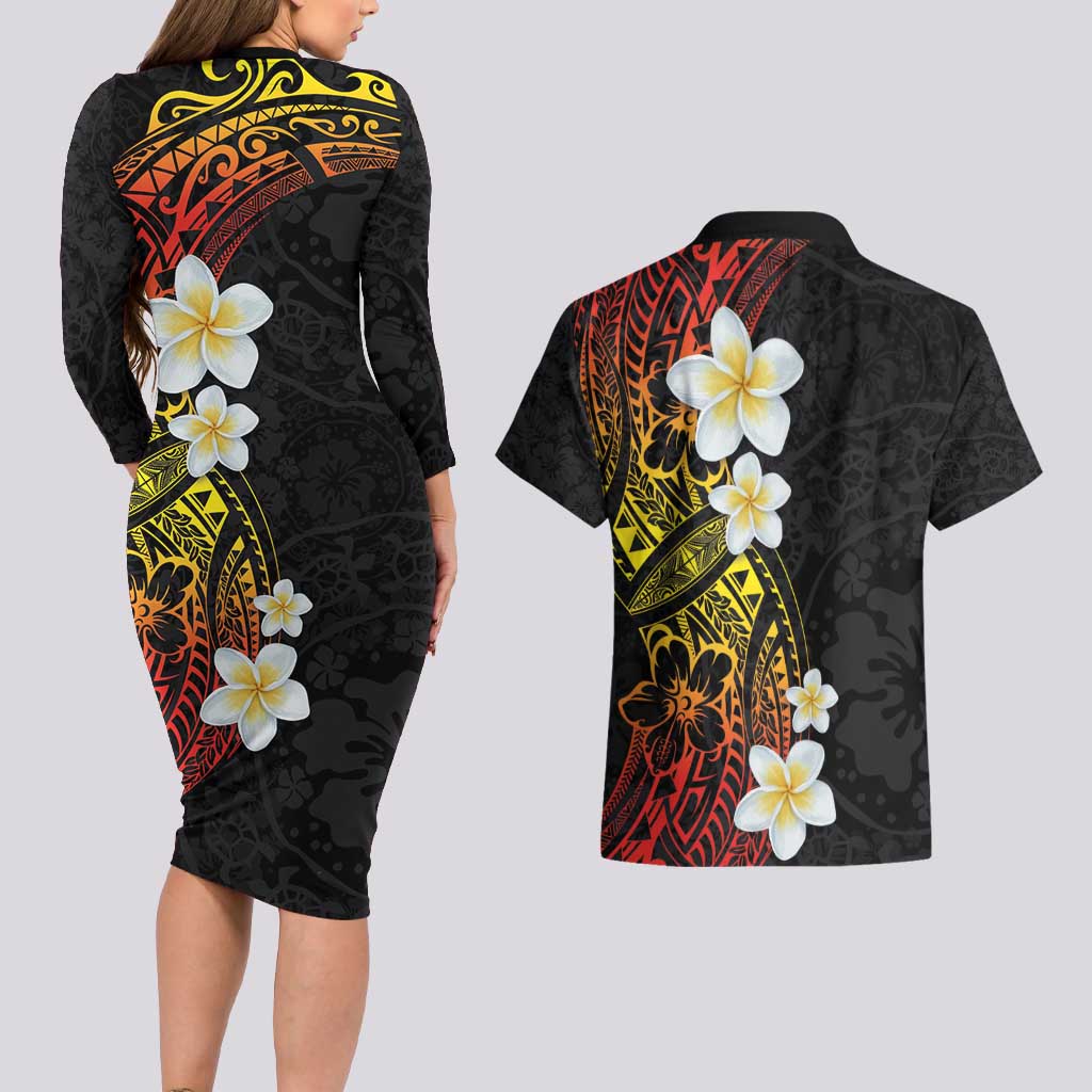 Plumeria Couples Matching Long Sleeve Bodycon Dress and Hawaiian Shirt Polynesian Tribal Frangipani Sunset LT03 - Polynesian Pride