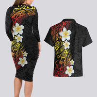 Plumeria Couples Matching Long Sleeve Bodycon Dress and Hawaiian Shirt Polynesian Tribal Frangipani Sunset LT03 - Polynesian Pride