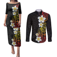 Plumeria Couples Matching Puletasi and Long Sleeve Button Shirt Polynesian Tribal Frangipani Sunset