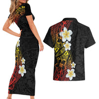 Plumeria Couples Matching Short Sleeve Bodycon Dress and Hawaiian Shirt Polynesian Tribal Frangipani Sunset LT03 - Polynesian Pride