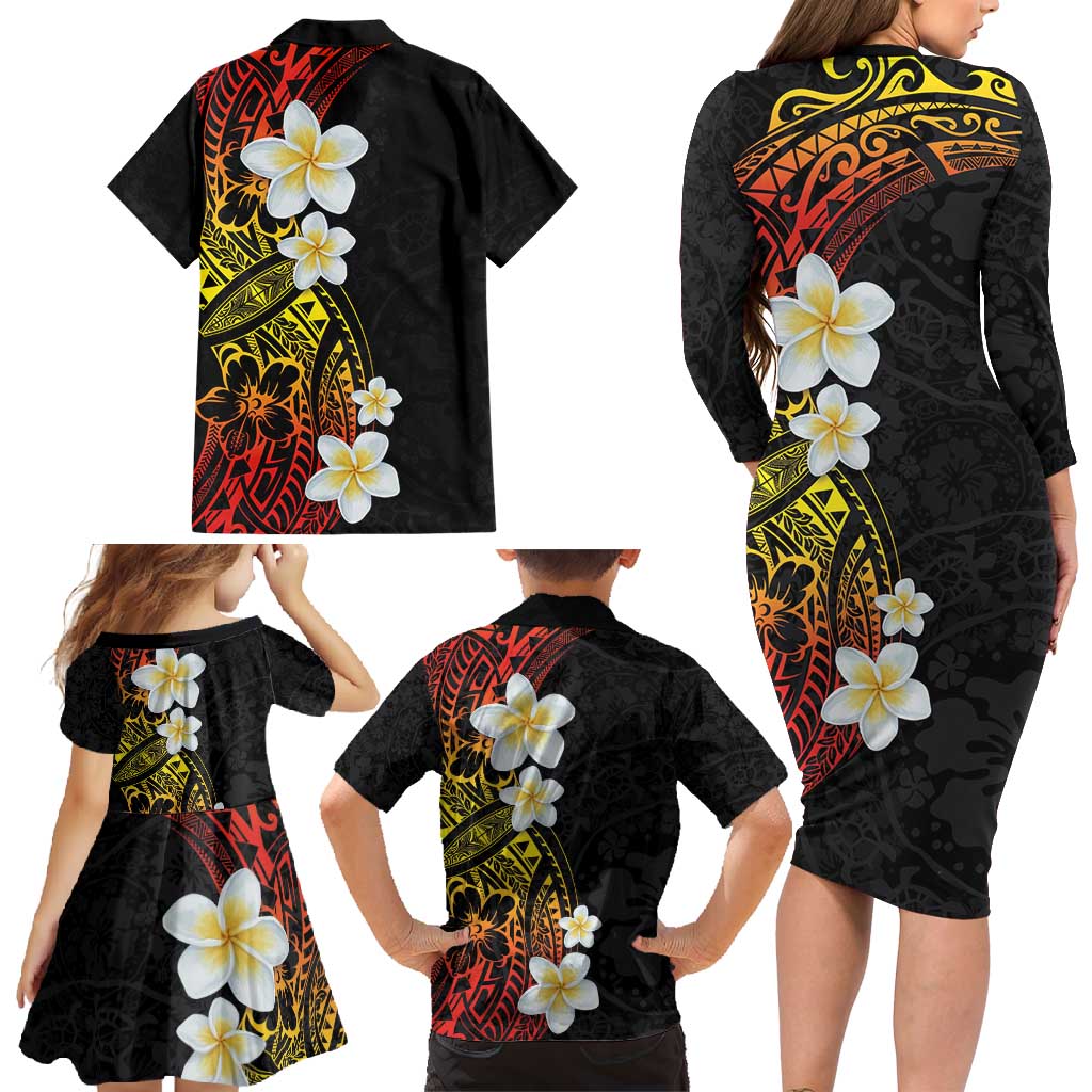 Plumeria Family Matching Long Sleeve Bodycon Dress and Hawaiian Shirt Polynesian Tribal Frangipani Sunset LT03 - Polynesian Pride