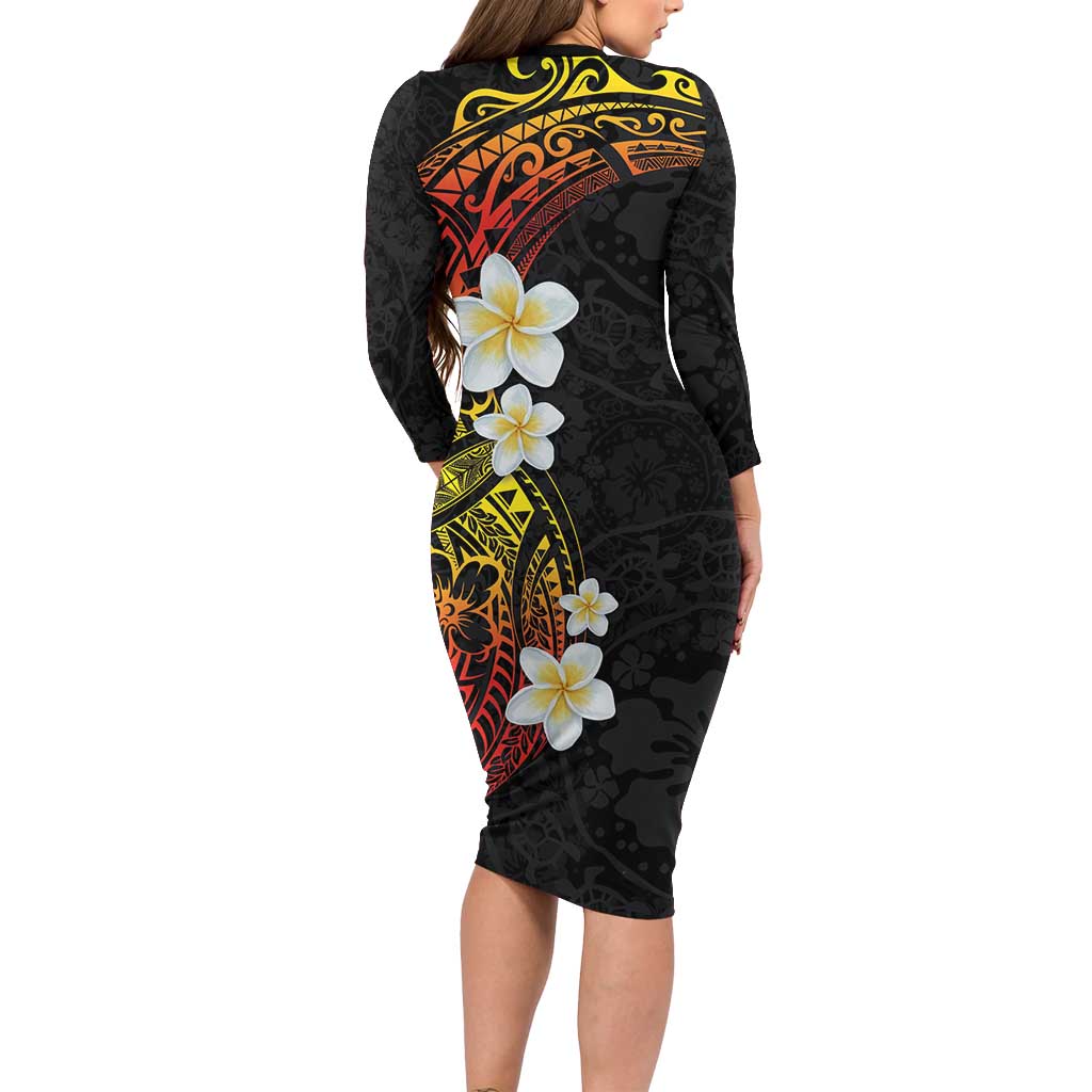 Plumeria Family Matching Long Sleeve Bodycon Dress and Hawaiian Shirt Polynesian Tribal Frangipani Sunset LT03 - Polynesian Pride