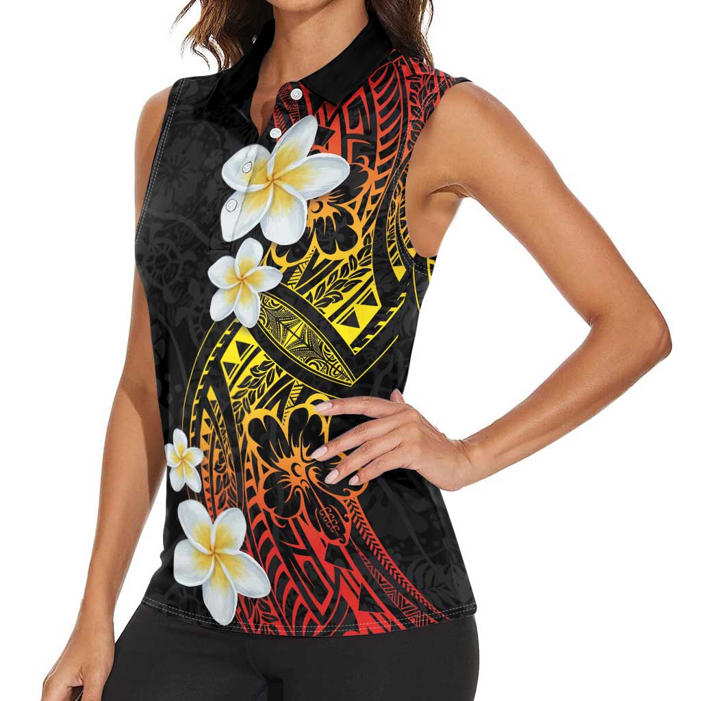 Plumeria Women Sleeveless Polo Shirt Polynesian Tribal Frangipani Sunset