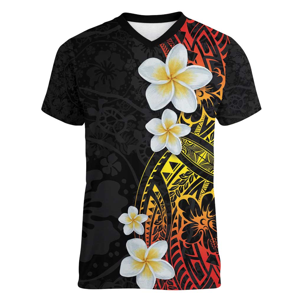 Plumeria Women V-Neck T-Shirt Polynesian Tribal Frangipani Sunset