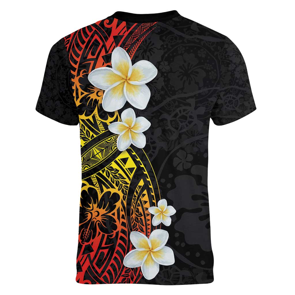 Plumeria Women V-Neck T-Shirt Polynesian Tribal Frangipani Sunset