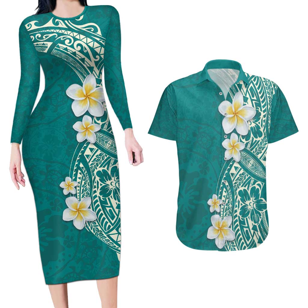 Plumeria Couples Matching Long Sleeve Bodycon Dress and Hawaiian Shirt Polynesian Tribal Frangipani Teal LT03 Teal - Polynesian Pride