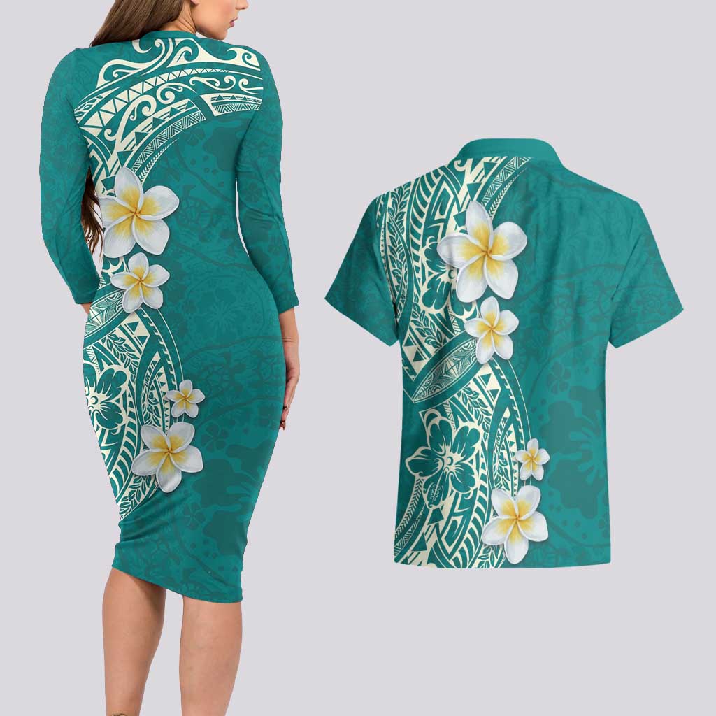 Plumeria Couples Matching Long Sleeve Bodycon Dress and Hawaiian Shirt Polynesian Tribal Frangipani Teal LT03 - Polynesian Pride