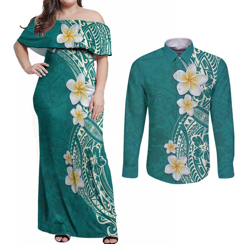 Plumeria Couples Matching Off Shoulder Maxi Dress and Long Sleeve Button Shirt Polynesian Tribal Frangipani Teal LT03 Teal - Polynesian Pride
